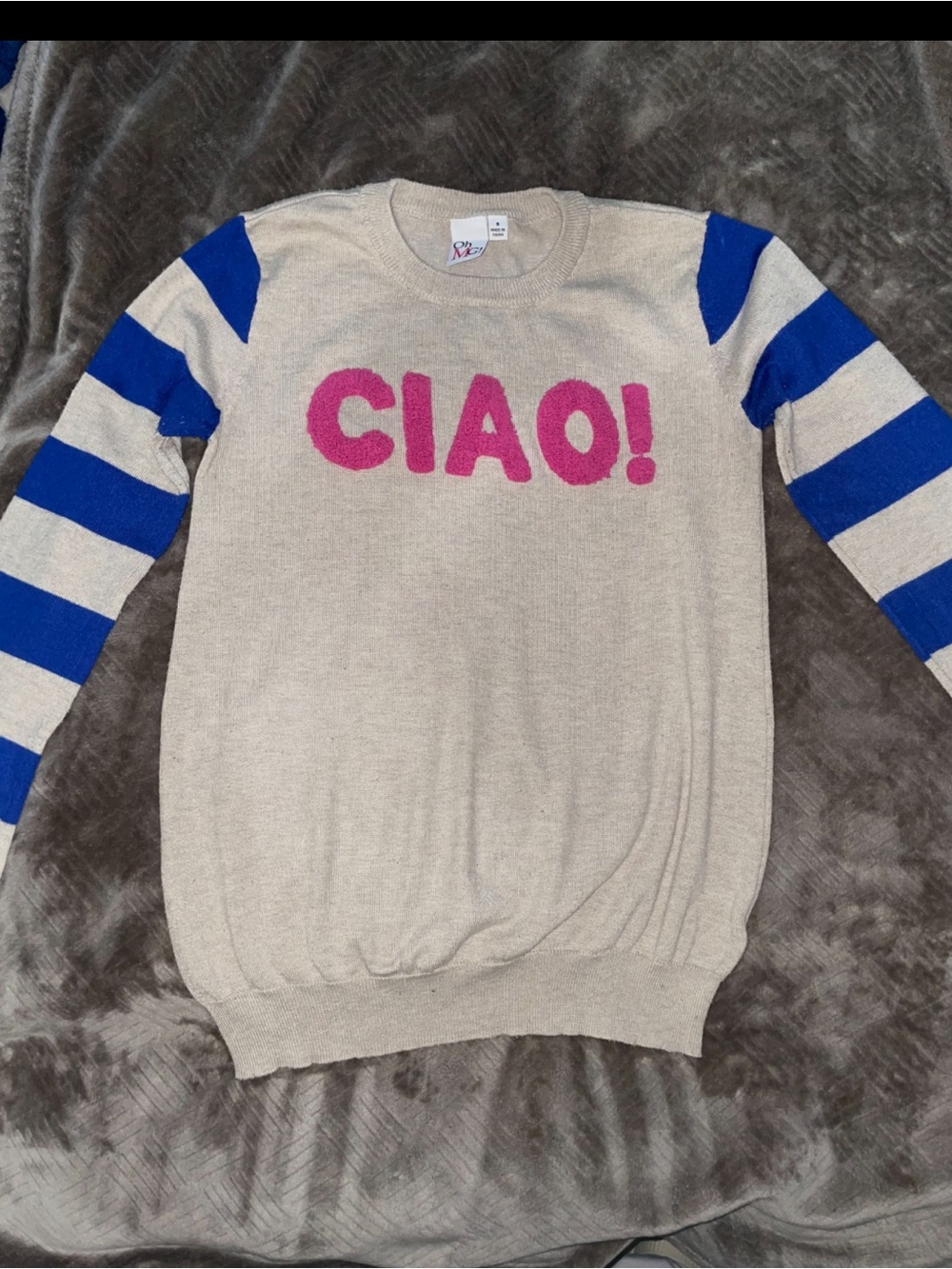 CIAO! Graphic Stripe Sleeve Sweater - Beige with Pink and Blue